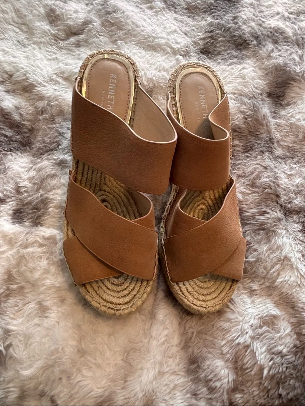 Kenneth Cole New York Cognac Brown Espadrille Wedge Slides